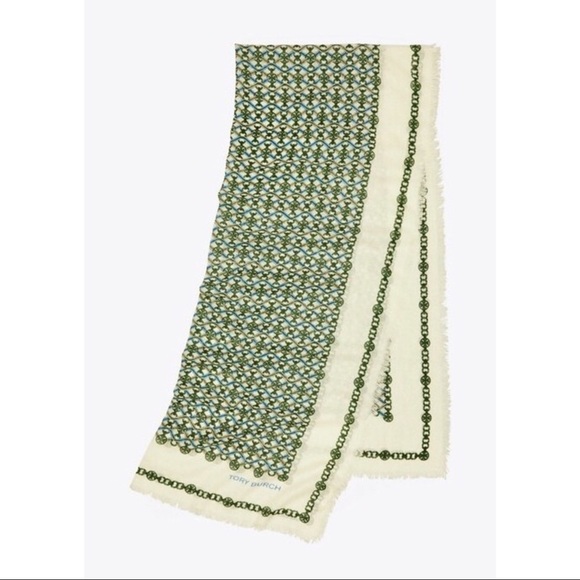New Tory Burch Gemini Medallion Oblong Scarf Green - Picture 4 of 4